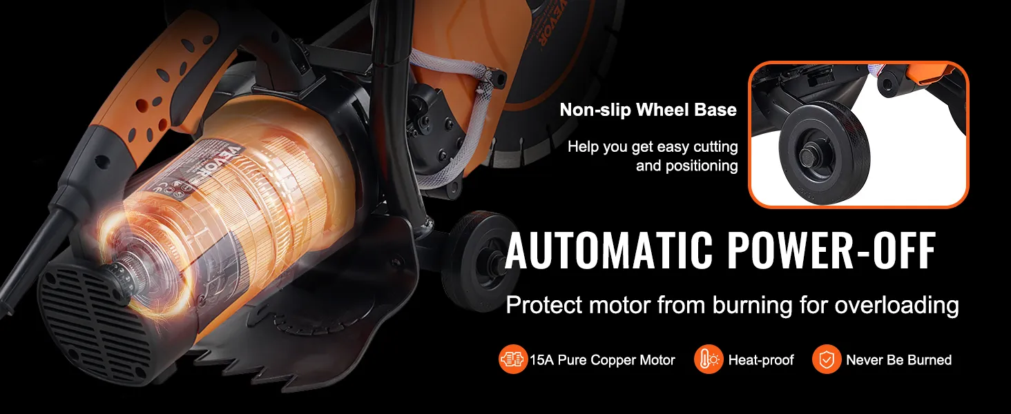 VEVOR electric concrete saw with 15a motor, non-slip wheel base, and automatic power-off feature.