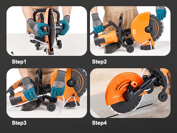 step-by-step guide to using the VEVOR electric concrete saw, highlighting blade installation and cutting procedure.
