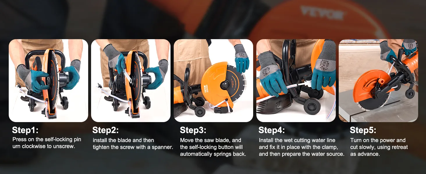 step-by-step guide to using the VEVOR electric concrete saw, highlighting blade installation and cutting procedure.