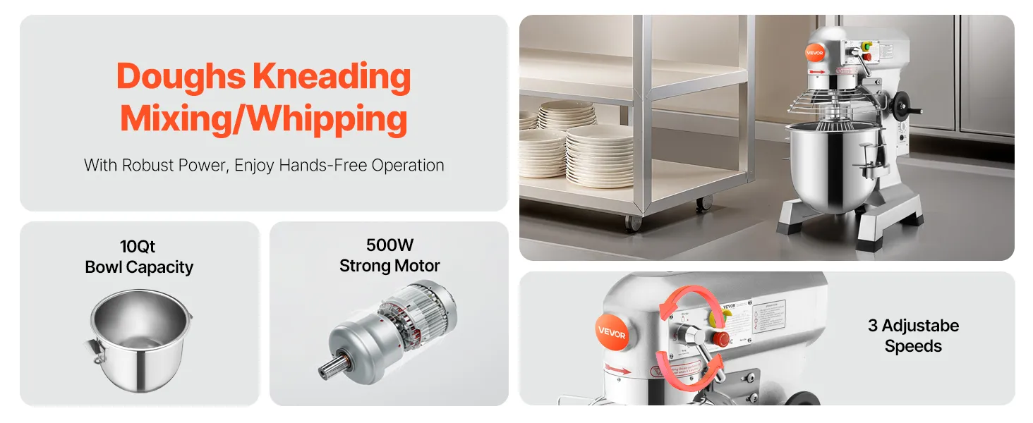 Mikser kuchenny VEVOR do zastosowań komercyjnych, z pojemnikiem na chleb, misą o pojemności 10 qt, 3 prędkościami.