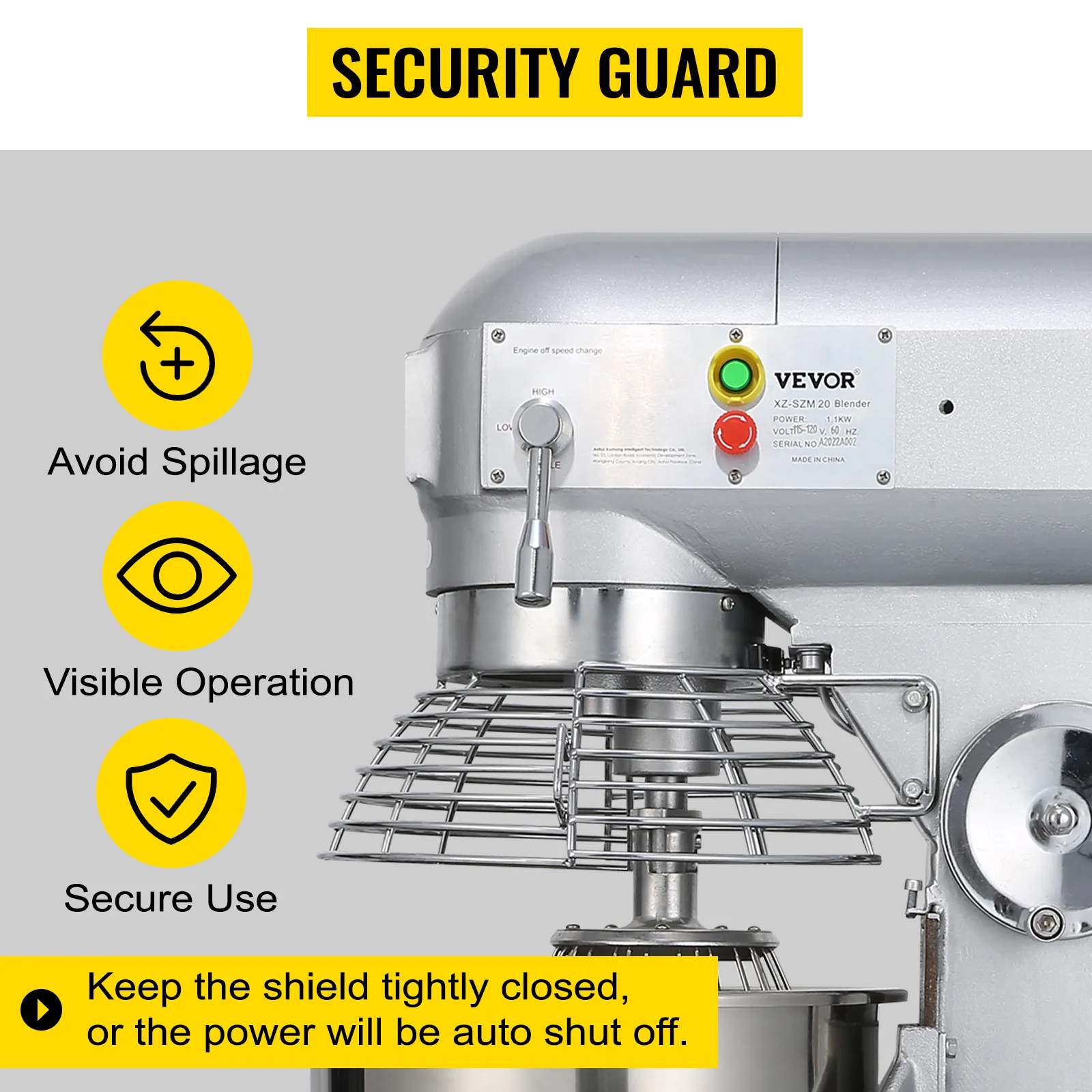 Mikser kuchenny VEVOR z zabezpieczeniem zapewniającym bezpieczną i widoczną obsługę.