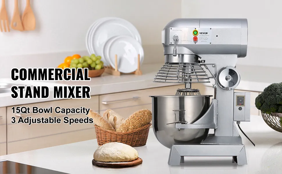 Batidora de alimentos comercial VEVOR con tazón de 15 qt, 3 velocidades en configuración de cocina.