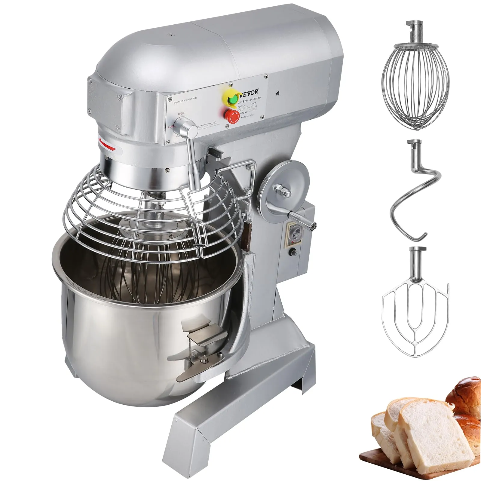Batidora de alimentos comercial VEVOR con recipiente de acero inoxidable, accesorios y pan.