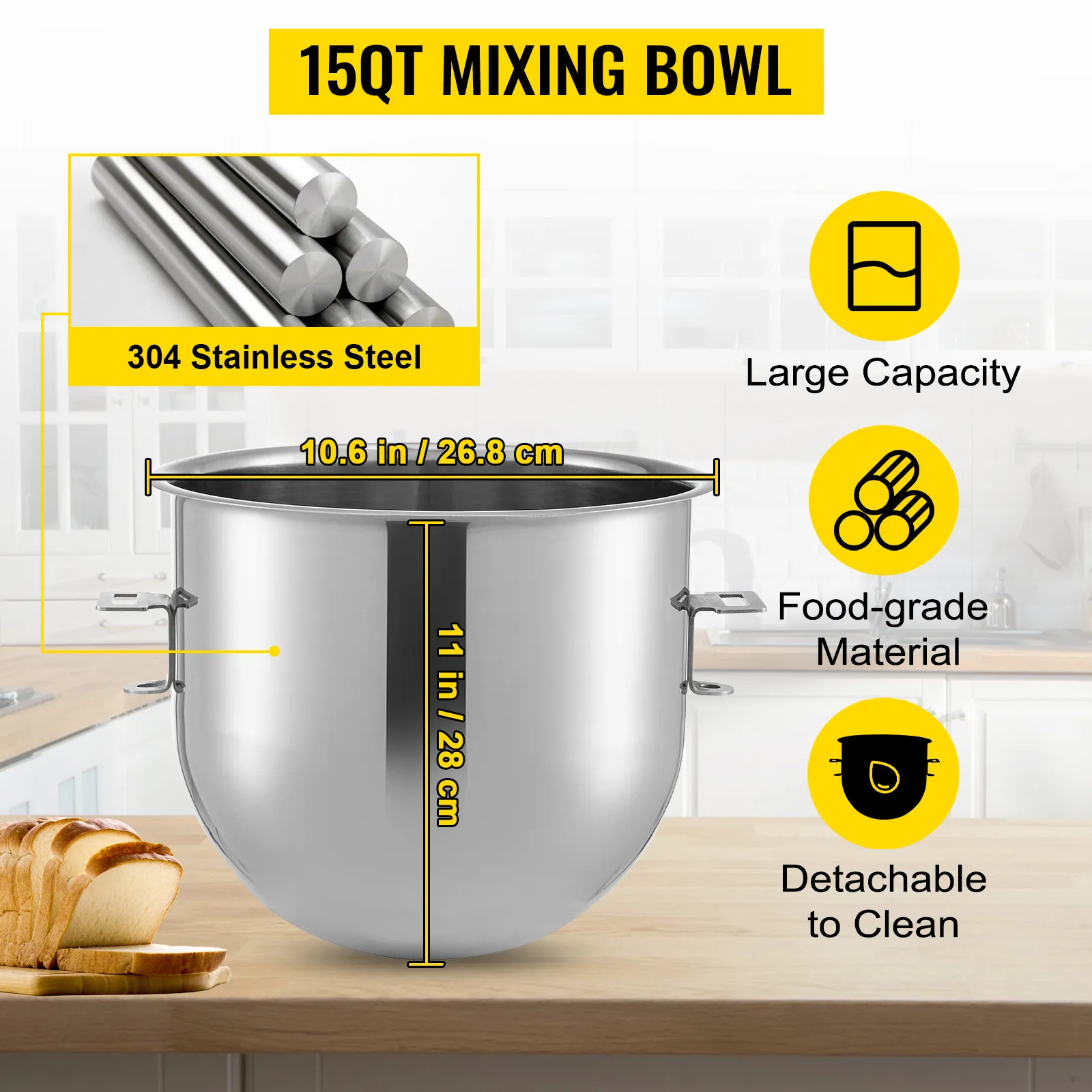 Tazón mezclador de 15 qt para batidora de alimentos comercial VEVOR, acero inoxidable 304, gran capacidad.