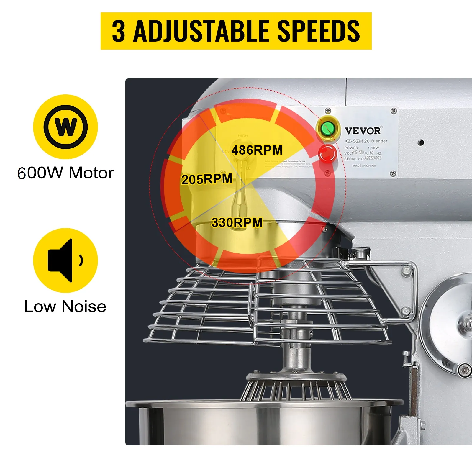 Batidora de alimentos comercial VEVOR con 3 velocidades ajustables y un motor de 600w para un bajo nivel de ruido