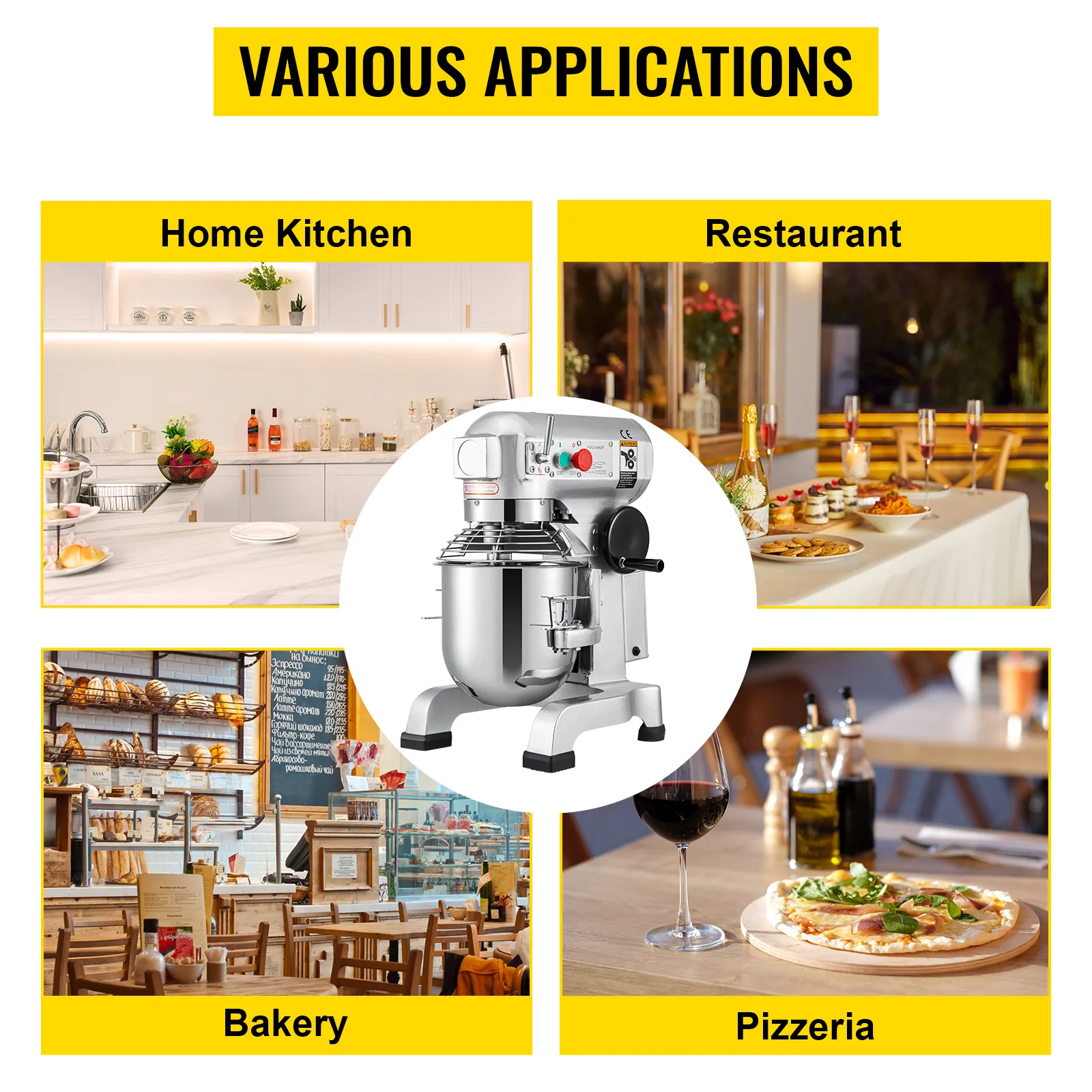 Batidora de alimentos comercial VEVOR en cocinas domésticas, restaurantes, panaderías y pizzerías.