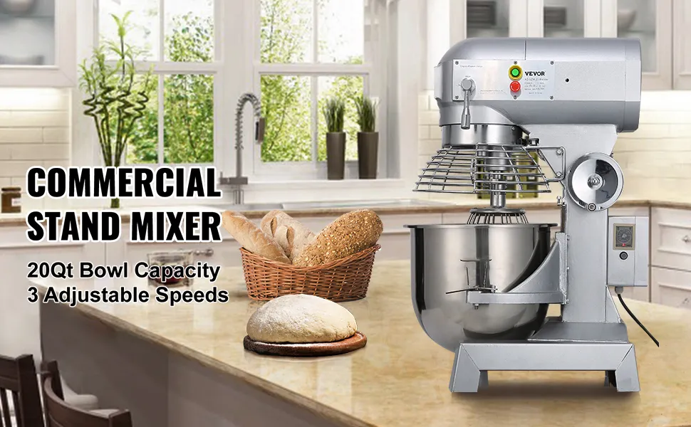 VEVOR commercial food mixer on kitchen counter with bread and basket, 20qt capacity.