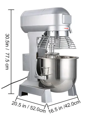 VEVOR commercial food mixer with dimensions labeled.