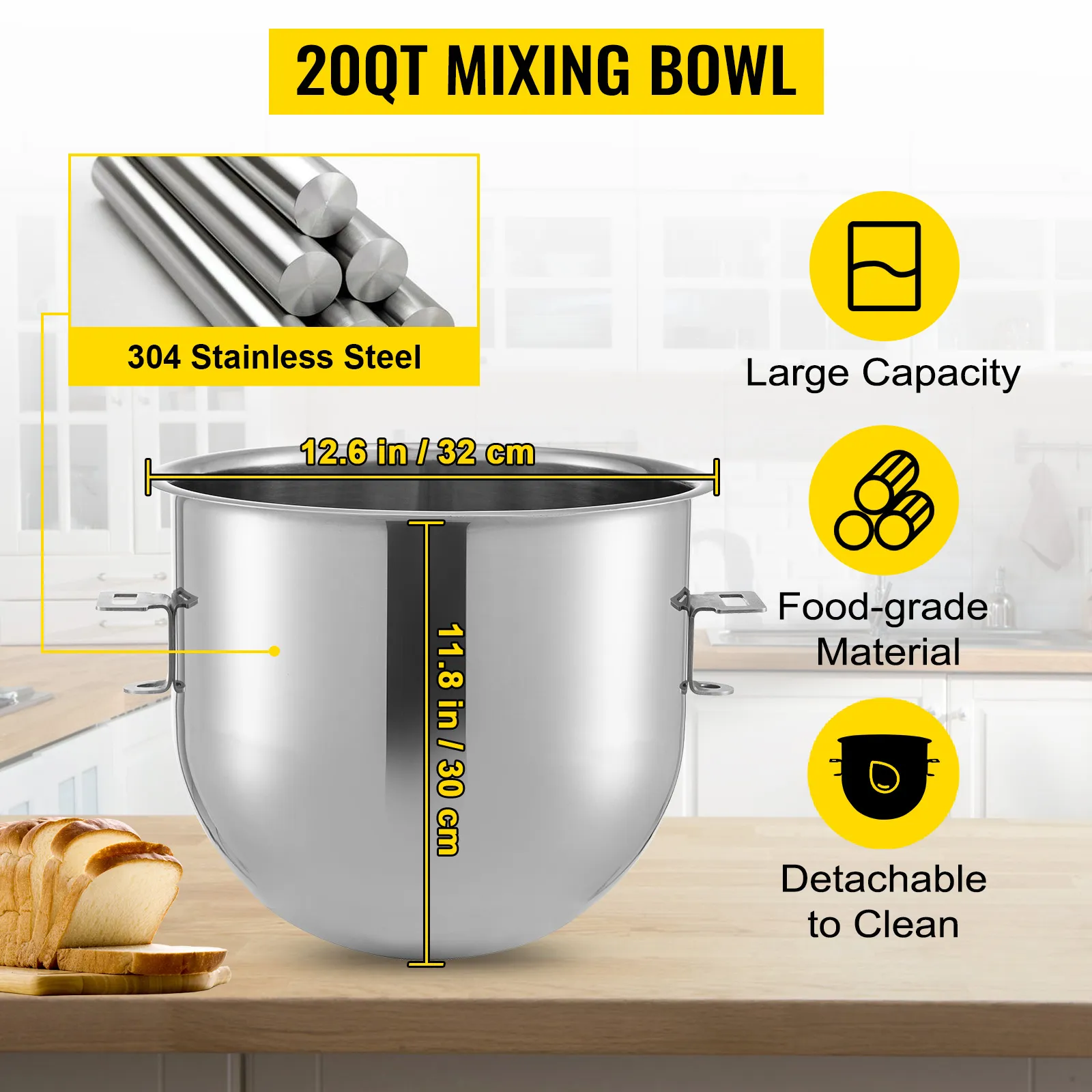 20qt mixing bowl, 304 stainless steel, food-grade material, large capacity, detachable.