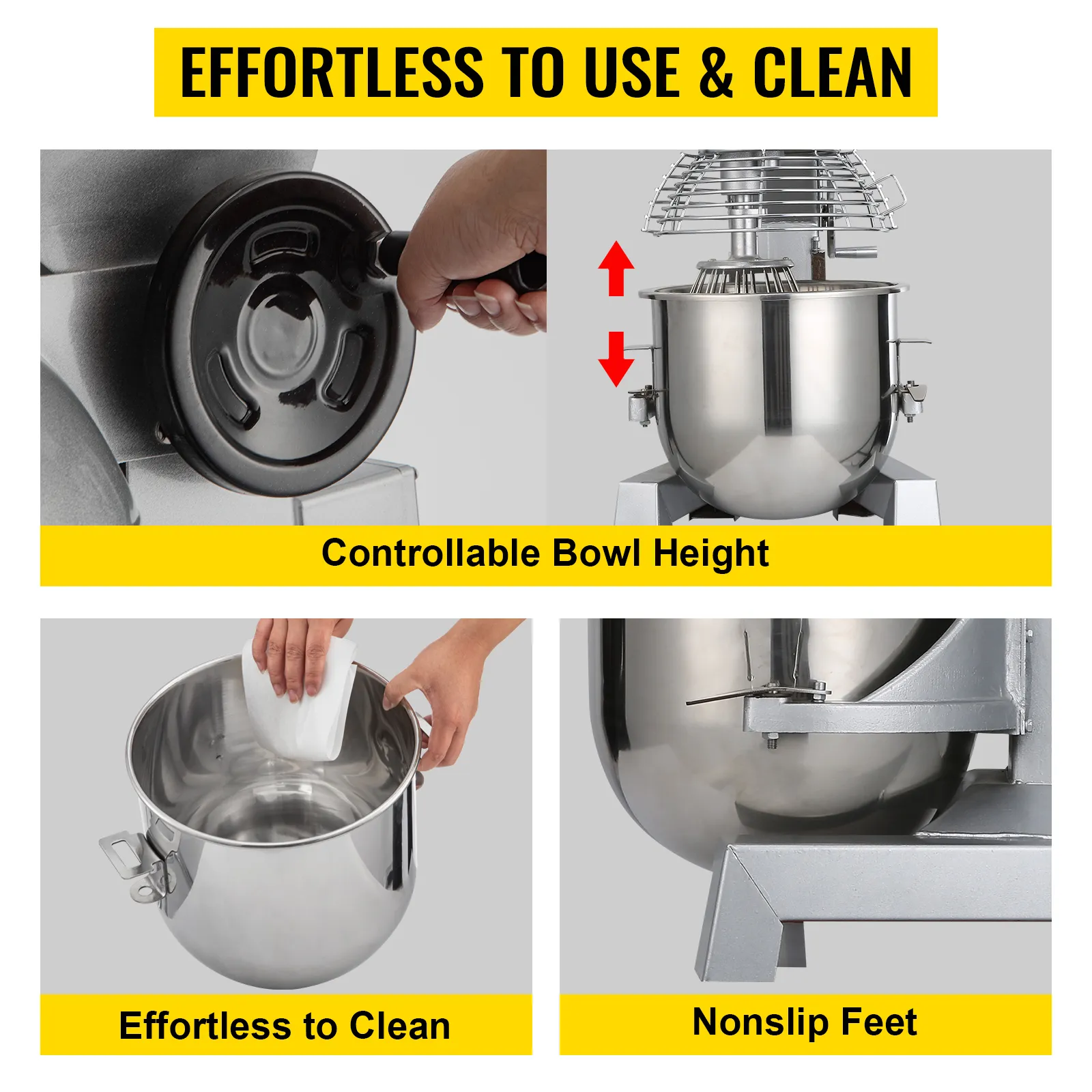 VEVOR commercial food mixer details: controllable bowl height, easy to clean, nonslip feet.