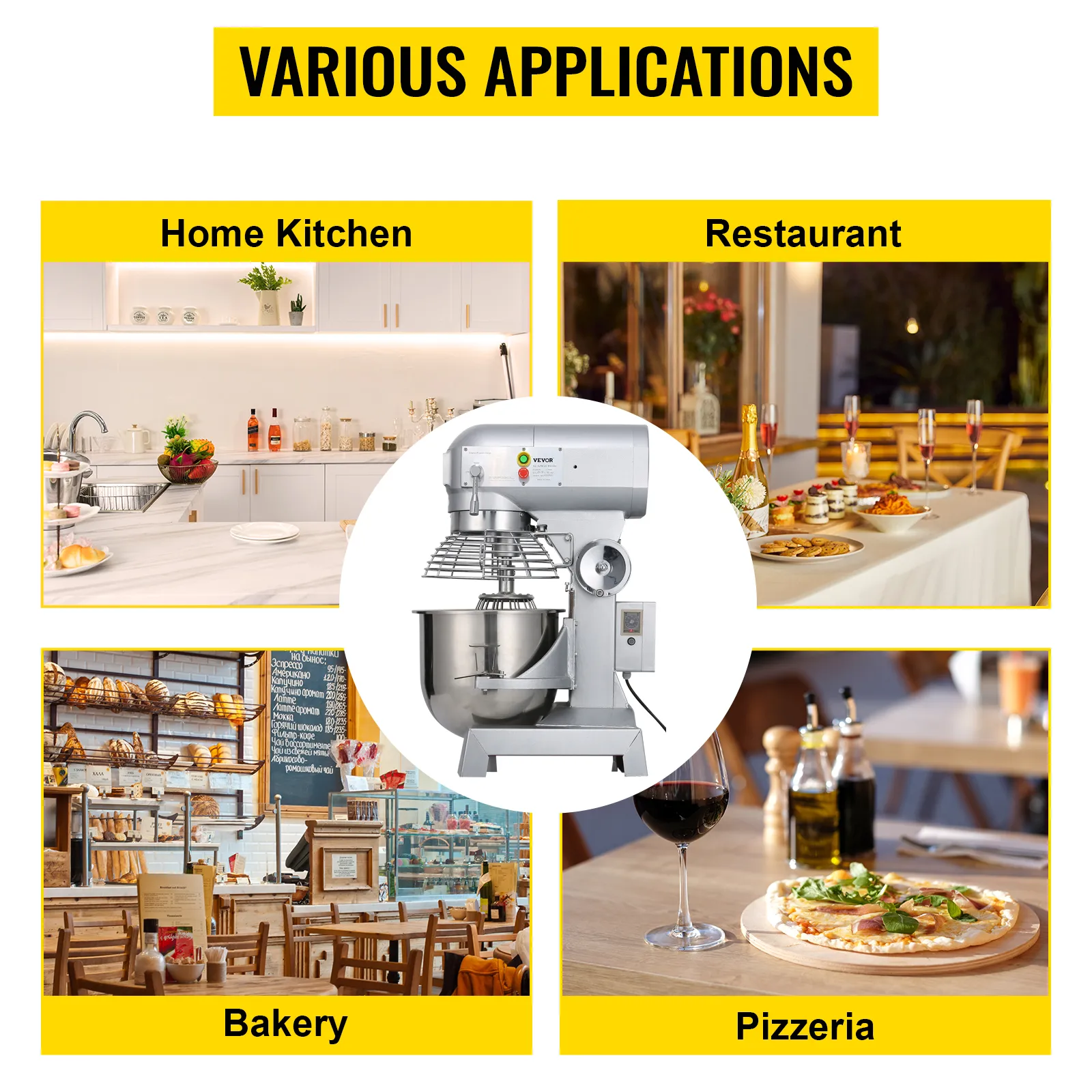 VEVOR commercial food mixer for home kitchen, restaurant, bakery, and pizzeria uses.