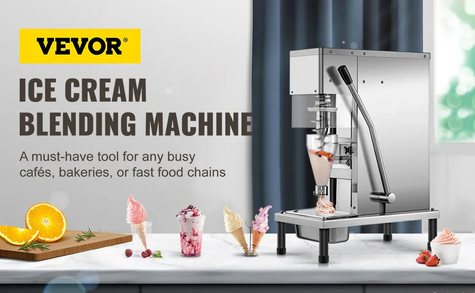 VEVOR ice cream blending machine next to various frozen yogurt and fruit toppings.