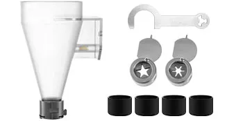 VEVOR frozen yogurt machine parts: funnel, wrench, star-shaped nozzles, and black caps.