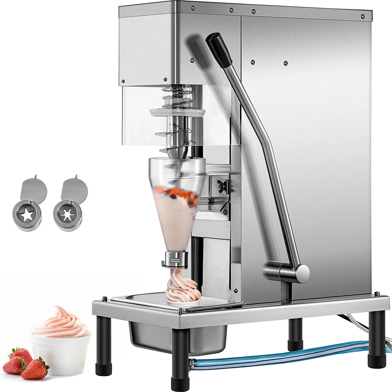 VEVOR frozen yogurt machine dispensing yogurt, toppings in the hopper, with star nozzles.
