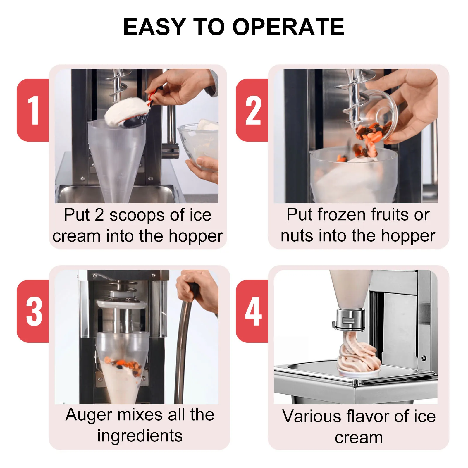 VEVOR frozen yogurt machine steps: add ice cream, frozen fruits, mix, and dispense.