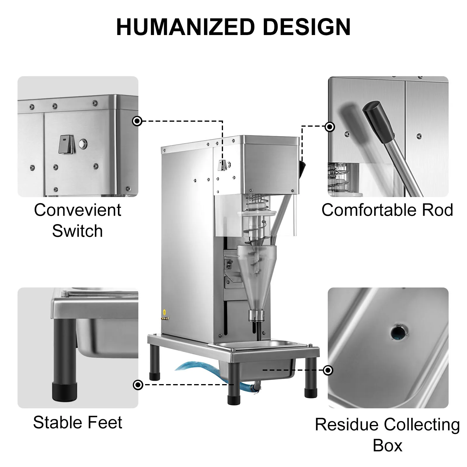 VEVOR frozen yogurt machine showcasing switch, rod, feet, and residue collecting box.