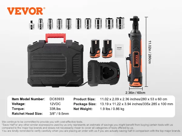Llave de trinquete eléctrica inalámbrica VEVOR que se muestra con estuche, enchufes, baterías y cargador.