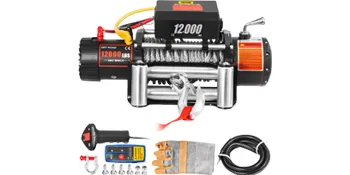 Cabrestante para camión VEVOR de 12 000 libras con accesorios que incluyen control remoto y guantes.