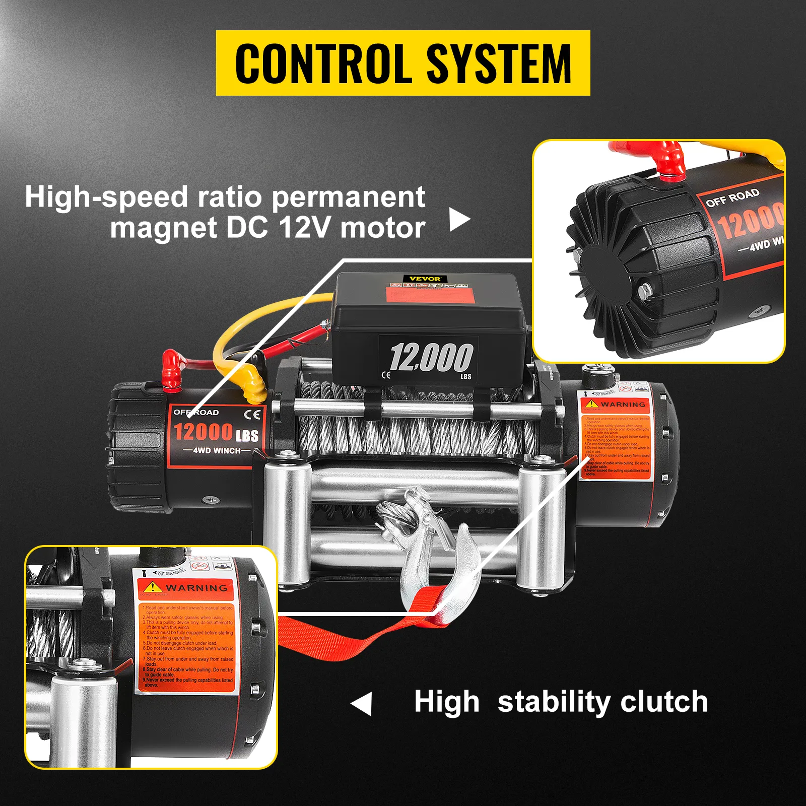 Cabrestante para camión VEVOR con capacidad de 12000 libras, motor de 12 V de relación de alta velocidad y embrague de estabilidad.