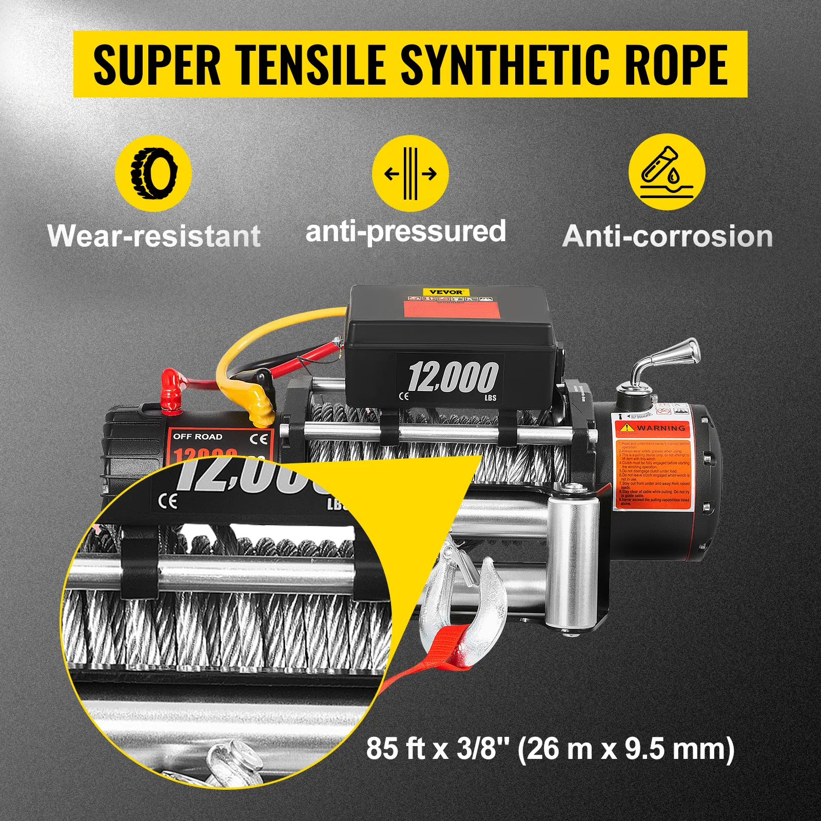Cabrestante para camión VEVOR con cuerda sintética de gran resistencia, capacidad de 12.000 libras.