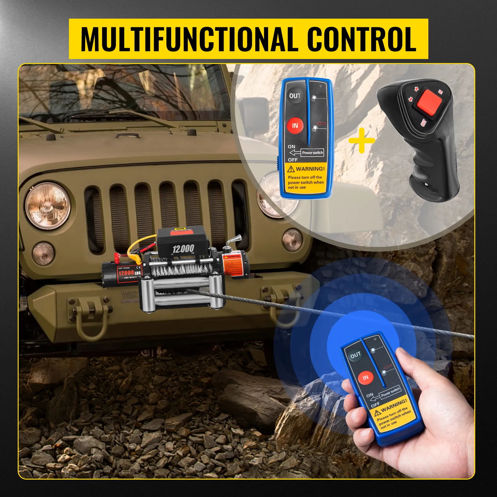 Se muestra un cabrestante para camión VEVOR montado en el vehículo con controles remotos multifuncionales.