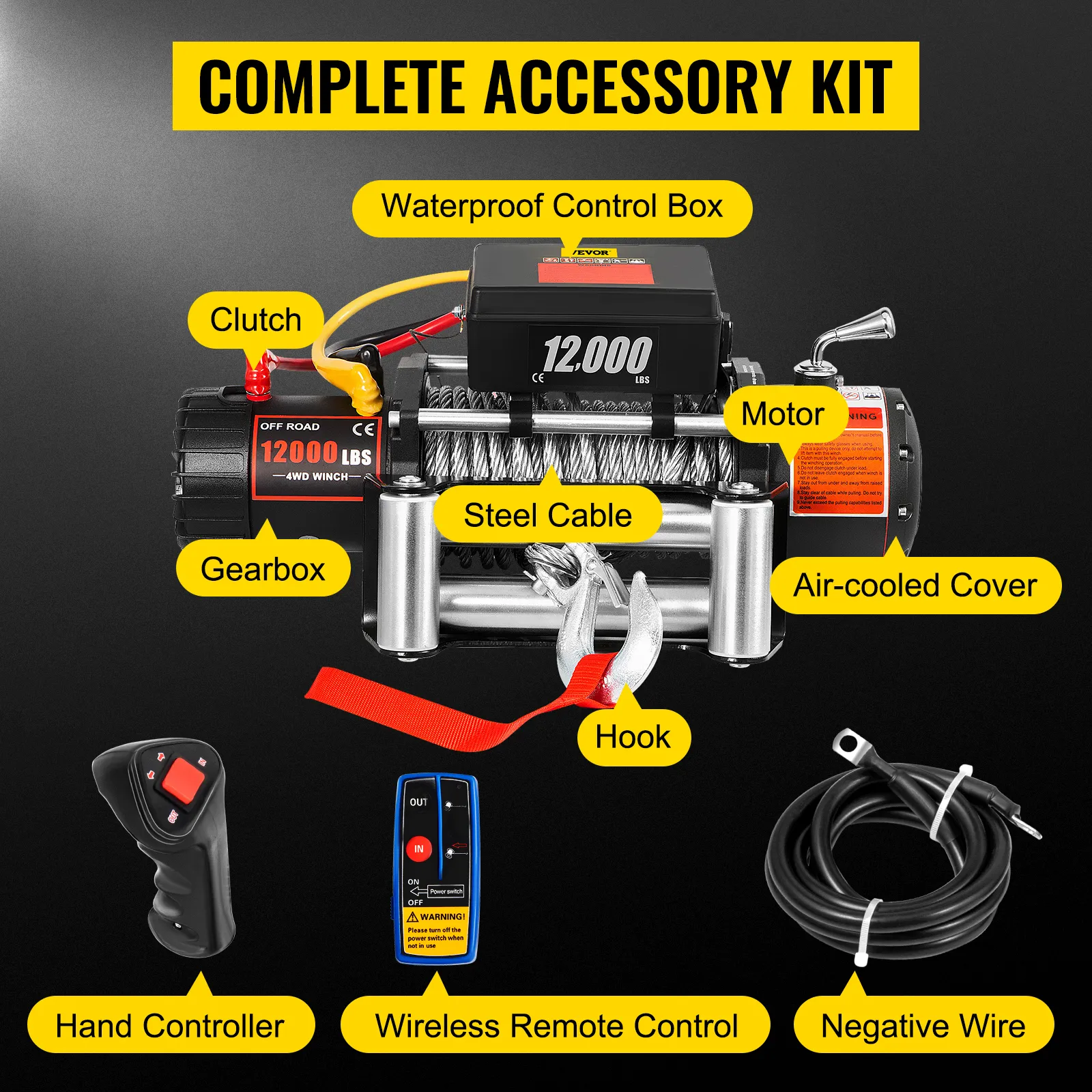 Cabrestante para camión VEVOR de 12000 libras con cable de acero, gancho, control remoto y kit de accesorios.