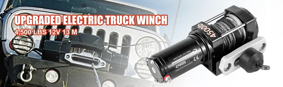 upgraded electric truck winch displayed on a jeep. 4,500lbs capacity, 12v, 13m. VEVOR truck winch.