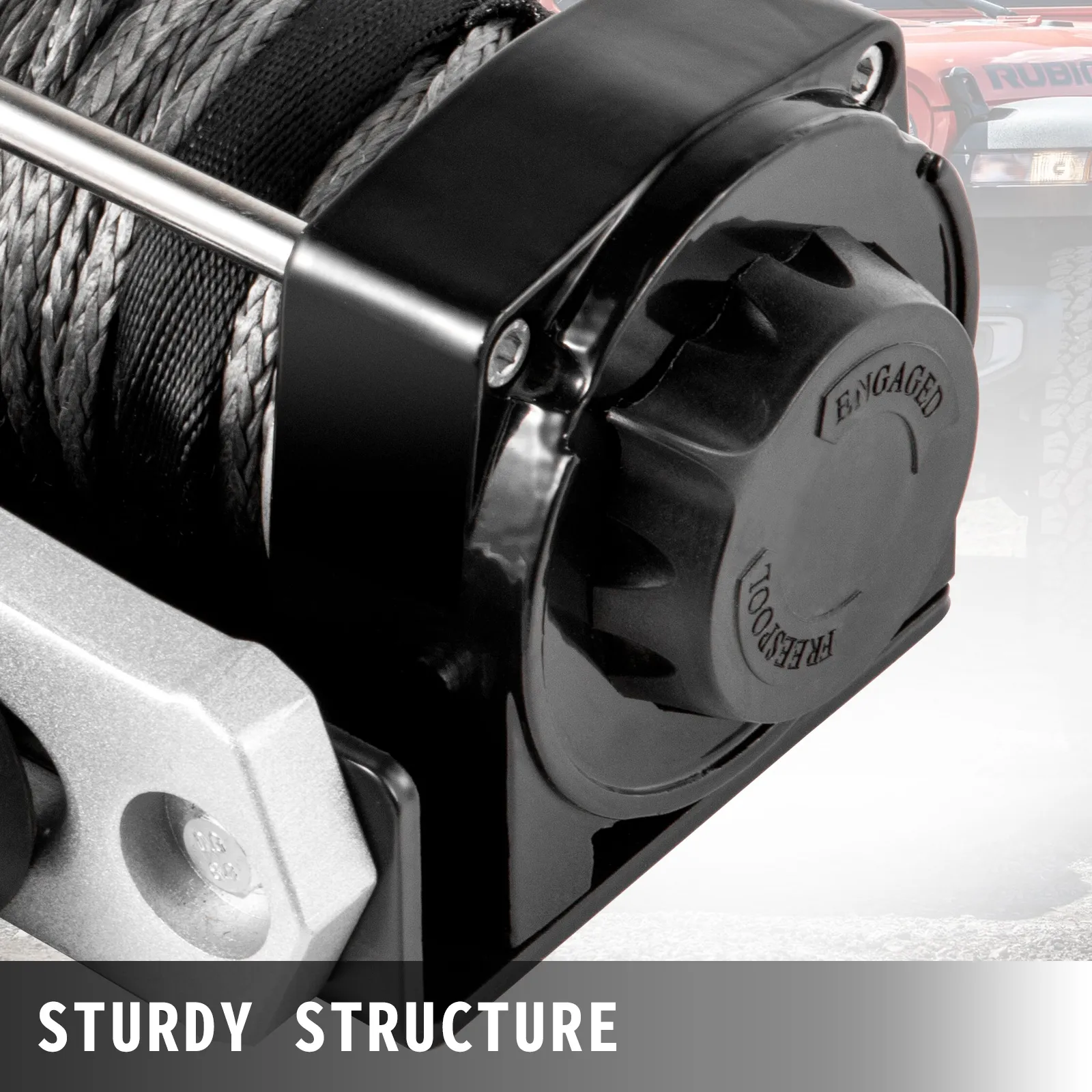 VEVOR truck winch with sturdy structure, close-up view showing robust components and engaged knob.