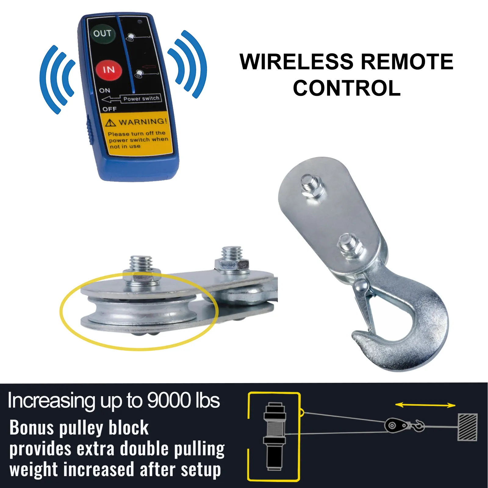 VEVOR truck winch with wireless remote control and bonus pulley block for increased pulling power.
