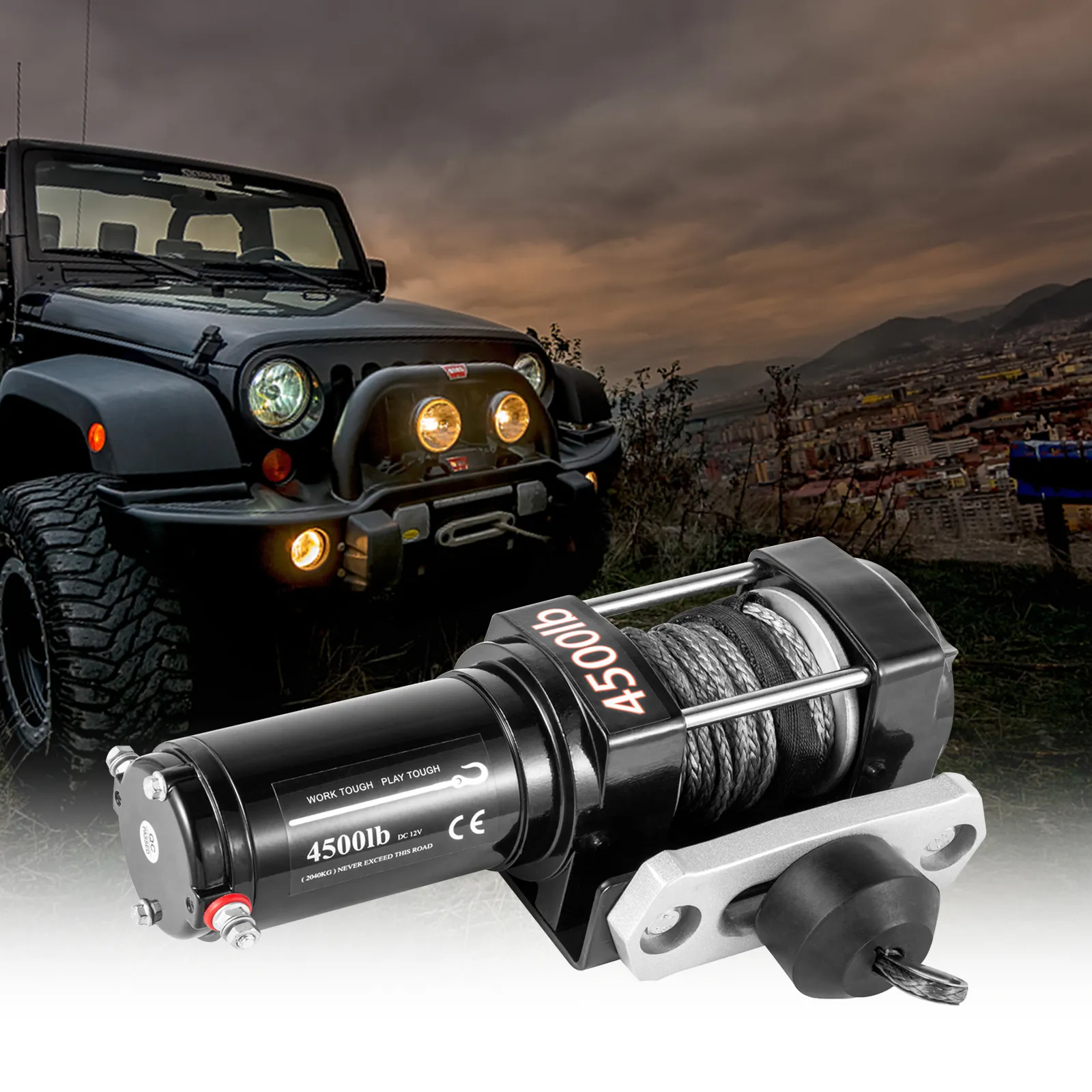VEVOR truck winch mounted on rugged off-road vehicle, cityscape and mountains at dusk in the background.
