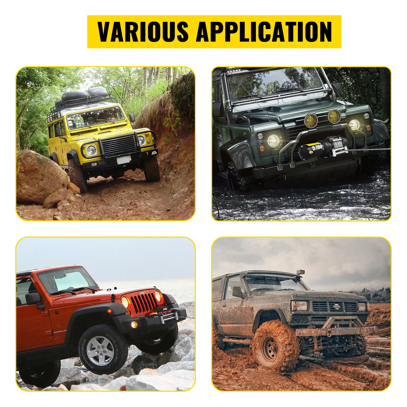 off-road vehicles using VEVOR electric winch for various applications in rugged terrains and water crossings.