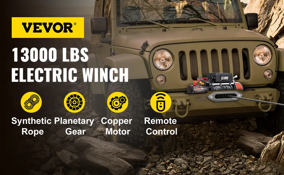 VEVOR electric winch - 13000 lbs capacity with synthetic rope, planetary gear, copper motor, remote control.