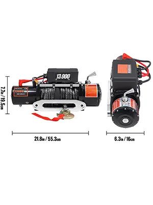 VEVOR electric winch dimensions: 55.3cm x 19.5cm, powerful 13,000 lbs loading, robust cable and hook.
