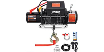 VEVOR electric winch with 13000 lbs capacity, remote control, hook, and accessories included.