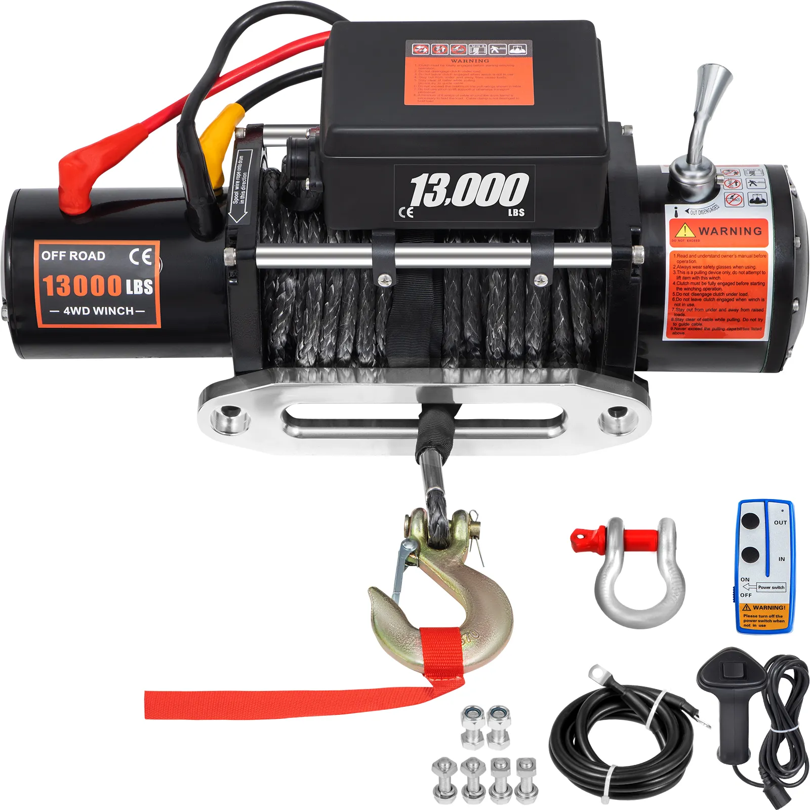 VEVOR electric winch 13000 lbs with accessories, hook, remote, and mounting hardware.