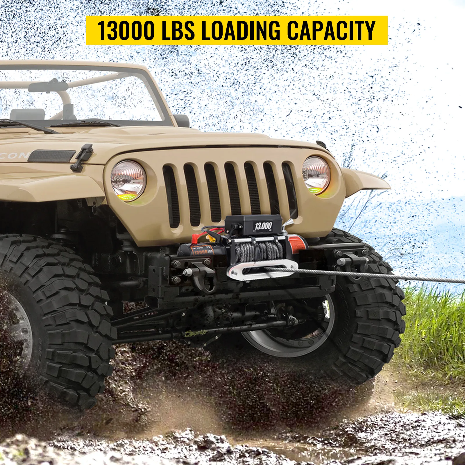 VEVOR electric winch on rugged tan jeep, showcasing 13000 lbs loading capacity in muddy terrain.