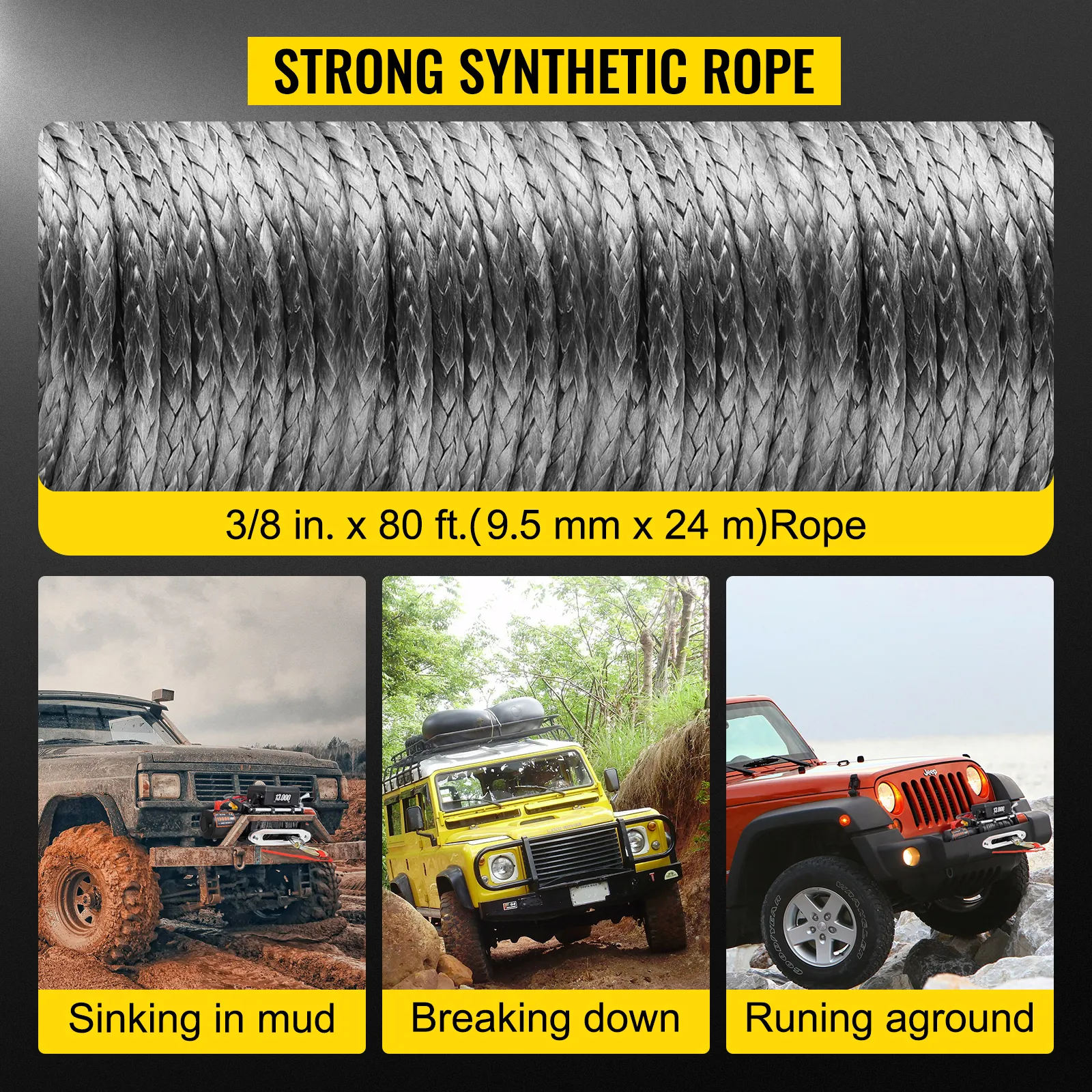 strong synthetic rope for VEVOR electric winch, 3/8 in. x 80 ft., shown with off-road vehicles.