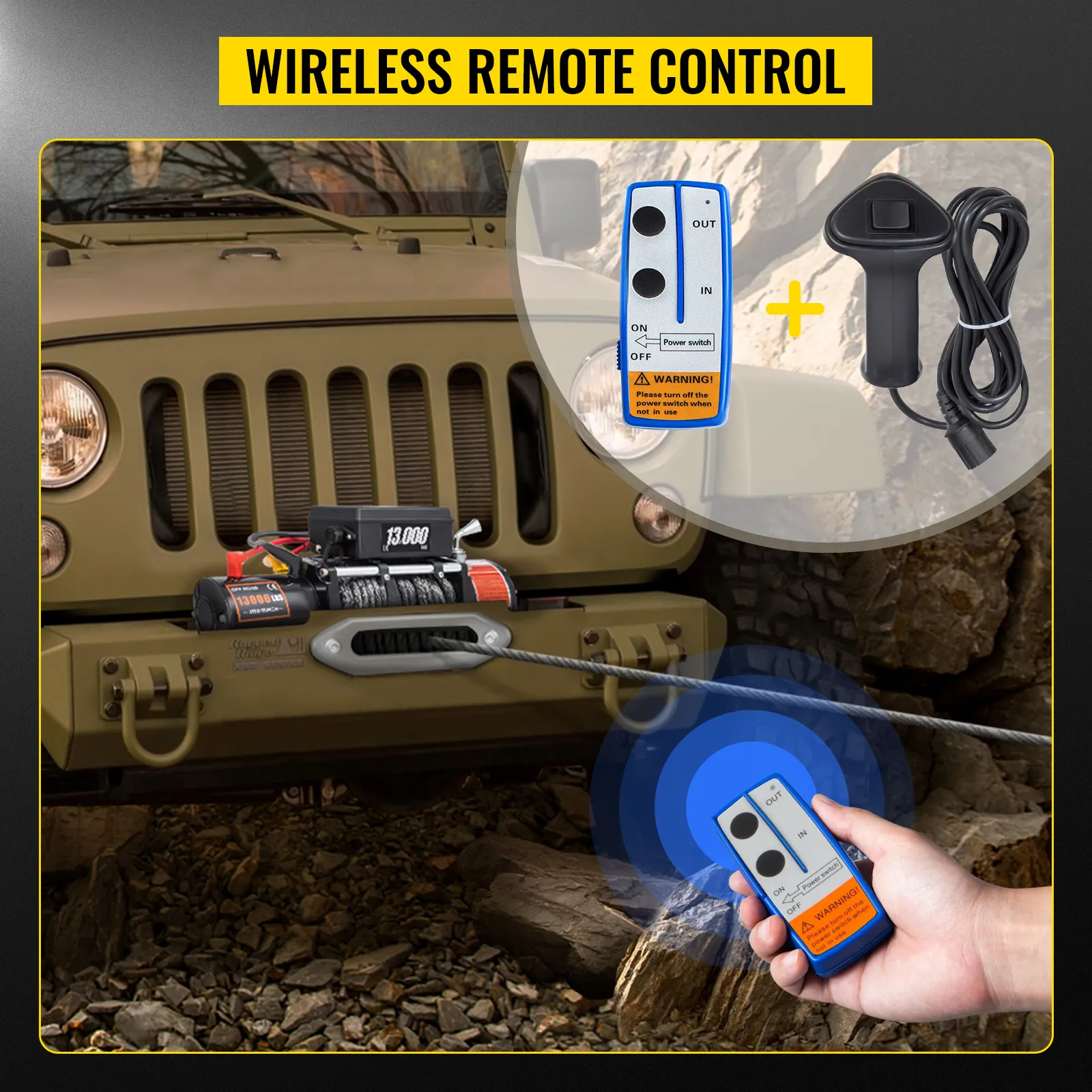 jeep fitted with VEVOR electric winch and wireless remote control against a rocky terrain background.
