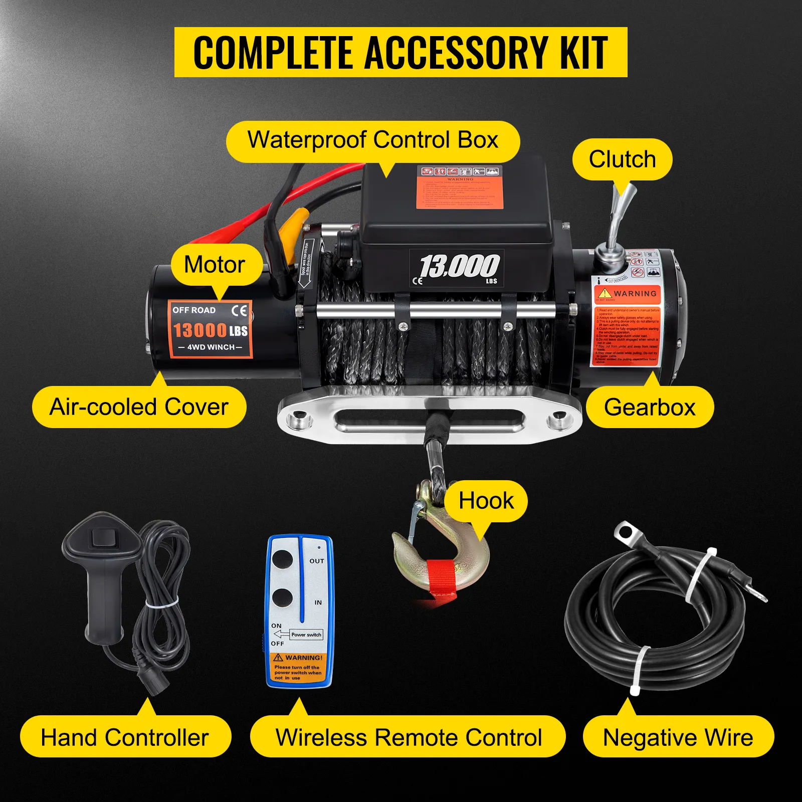 VEVOR electric winch accessory kit with motor, clutch, gearbox, hook, and wireless remote control.
