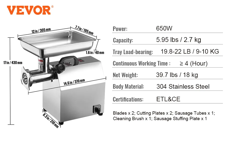 VEVOR Electric Meat Grinder, 396 Lb/H Capacity, 1100W