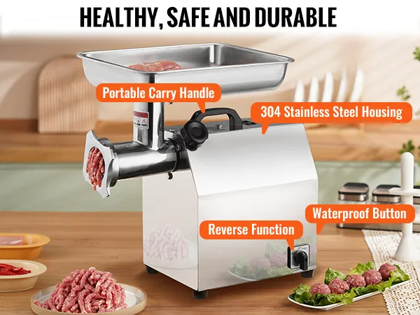 VEVOR electric meat grinder with 304 stainless steel housing, waterproof button, and reverse function.