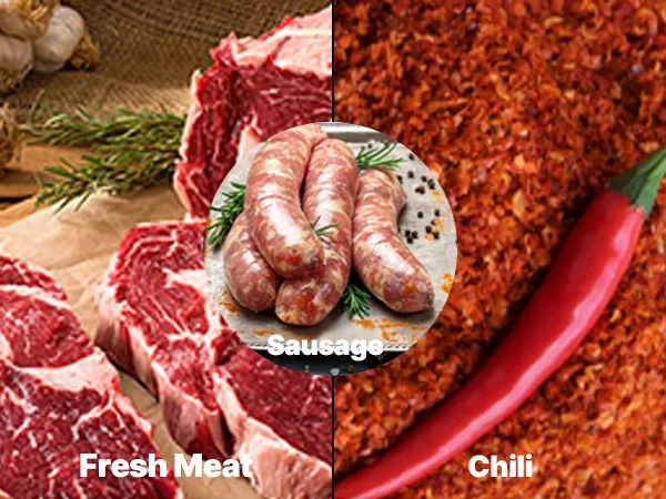 sausage, chicken bones, fresh meat, and chili ready for grinding with VEVOR electric meat grinder.