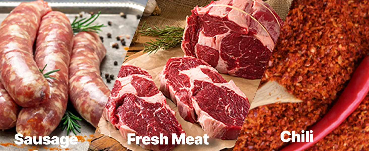 sausage, chicken bones, fresh meat, and chili ready for grinding with VEVOR electric meat grinder.