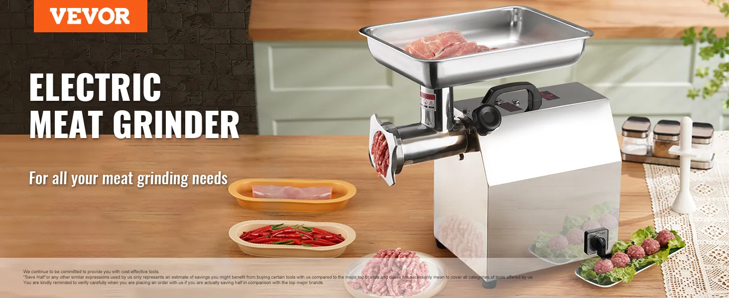 VEVOR electric meat grinder on a kitchen counter with fresh meat, spices, and vegetables nearby.