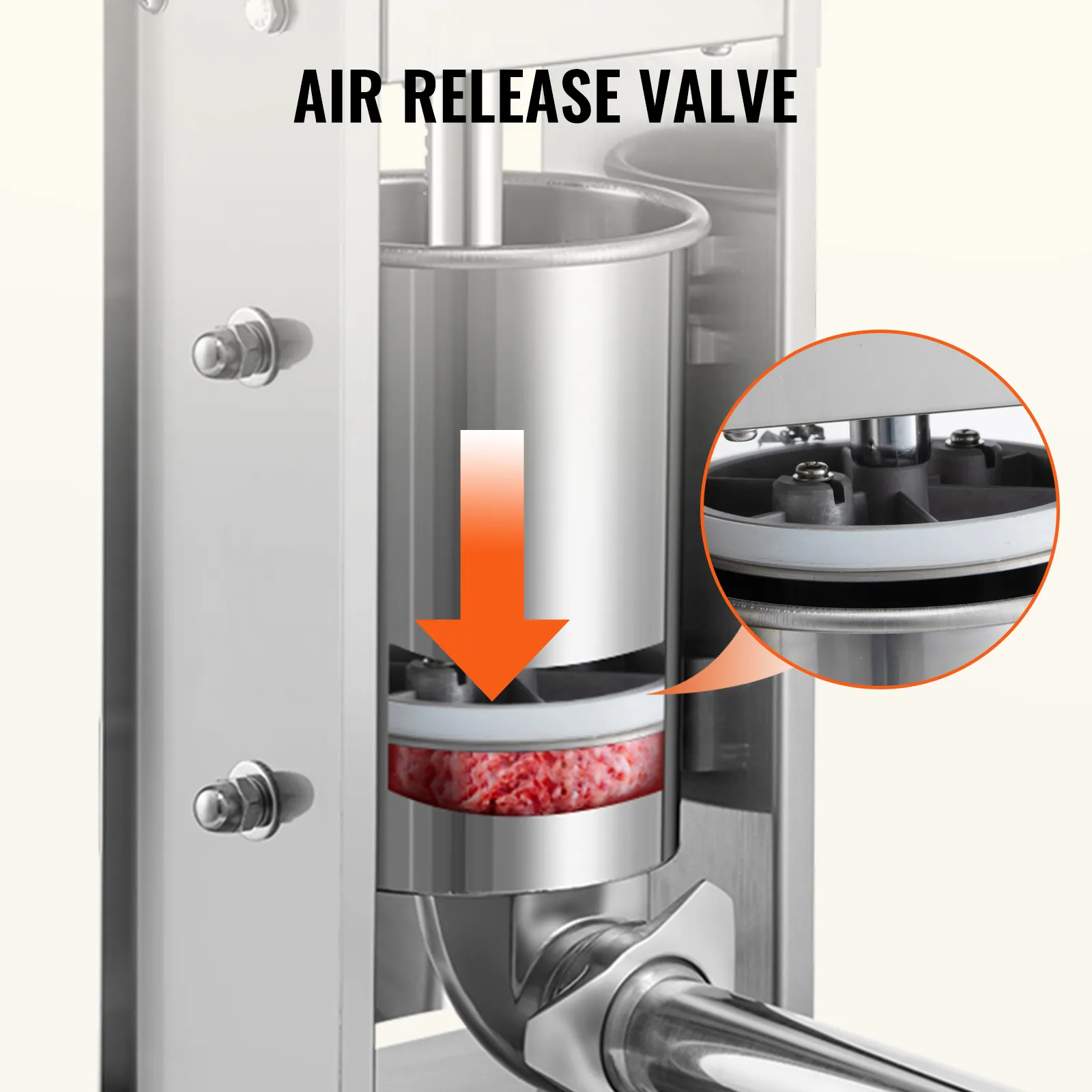 VEVOR electric sausage stuffer with air release valve close-up, showing meat chamber and piston.