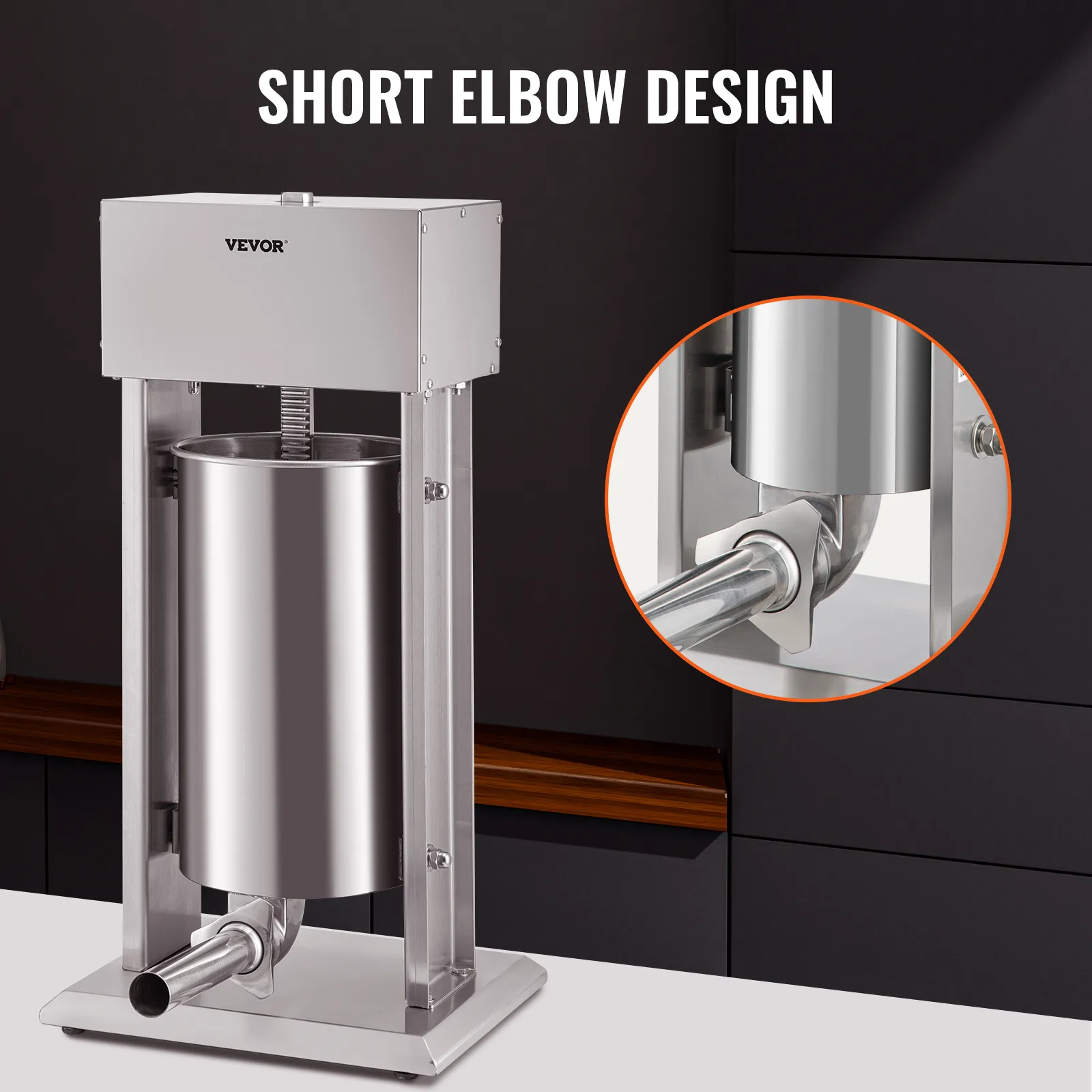 VEVOR electric sausage stuffer with short elbow design in a sleek stainless steel finish.