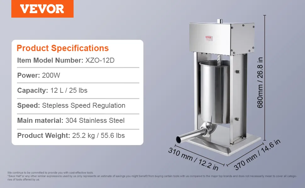 VEVOR electric sausage stuffer, 200w, 12l capacity, 304 stainless steel, 25.2 kg weight.