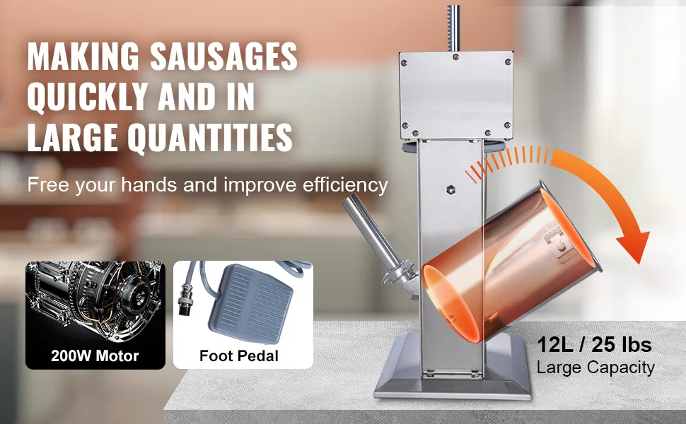 VEVOR electric sausage stuffer with 12l capacity, 200w motor, foot pedal, and large capacity for quick sausage making.