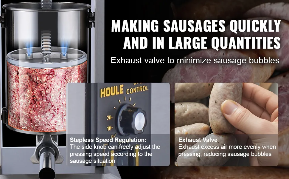 VEVOR electric sausage stuffer with stepless speed control, exhaust valve, and large capacity.