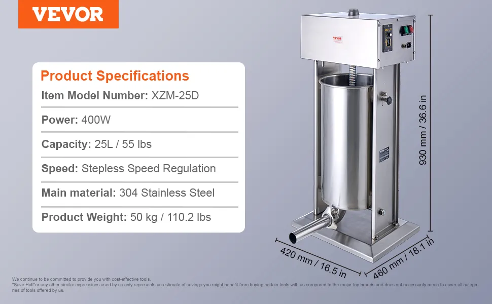VEVOR electric sausage stuffer with 25l capacity, 304 stainless steel, and 400w power.